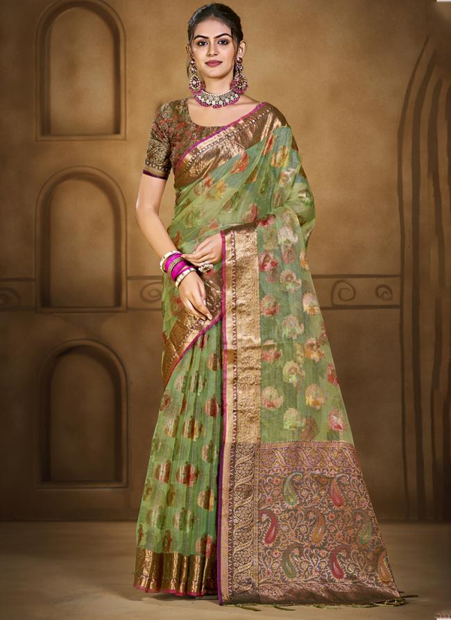 Organza Green Festival Wear Weaving Saree